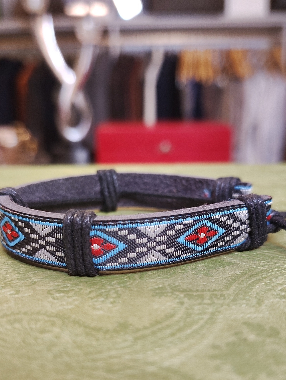NEW Braided PU Vegan Leather Bracelet with Blue and Red Woven Pattern